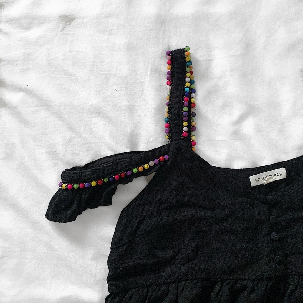 Black Pom Pom Off Shoulder Tank Top
